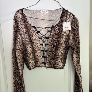 Snakeskin Print Crop Tie Front Blouse